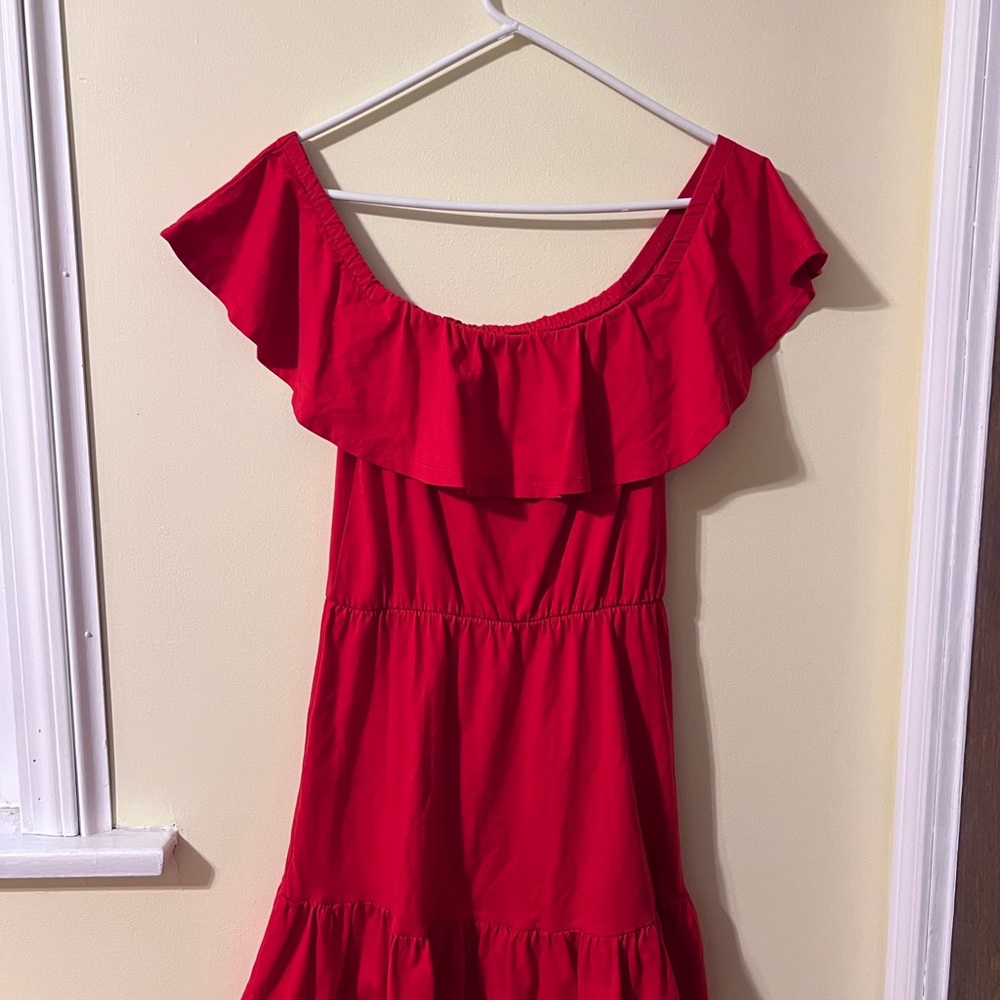ASOS Red Ruffle Off-Shoulder Mini Dress